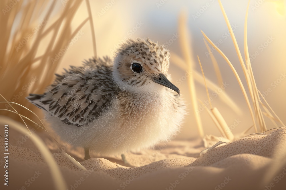 Obraz premium Digital Illustration of an Adorable Baby Sand Piper in a Beach Setting with Grass, Sand, Reeds, Water, Blue Sky. Made in part with Generative AI.