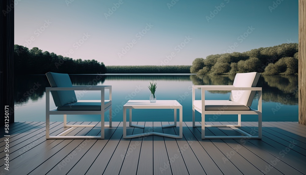 A minimalist outdoor seating set consisting of white chairs and a coffee table placed on a deck overhanging a clear blue lake. HD, realistic, natural lighting. generative ai