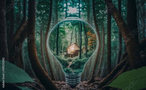 House in a light bulb in a forest