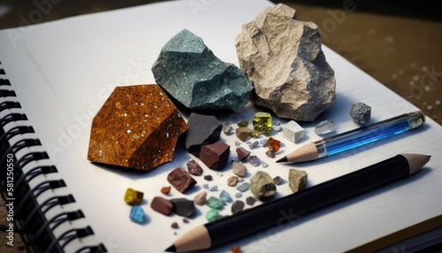 Stone samples, loop, notebook at geological laboratory. Geology rock laboratory. Laboratory for analysis of geological soil materials, stones, minerals, rocks samples for researchers- Brushing sample
 photo