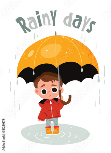 Poster with a little boy holding big yellow umbrella. Child with sad expression. Kid standing in a puddle.