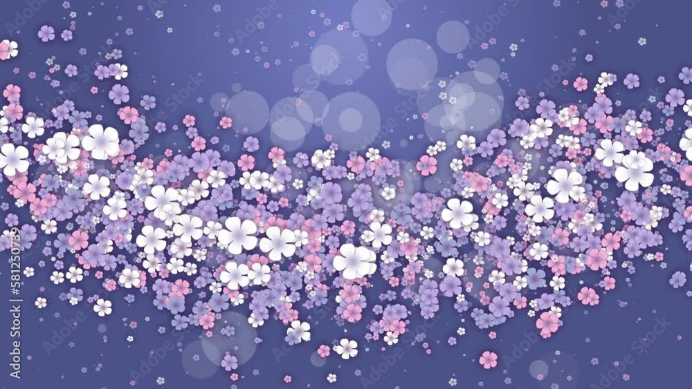 Floral design. Floating colored spring flowers on blue background. Looped holiday animation.