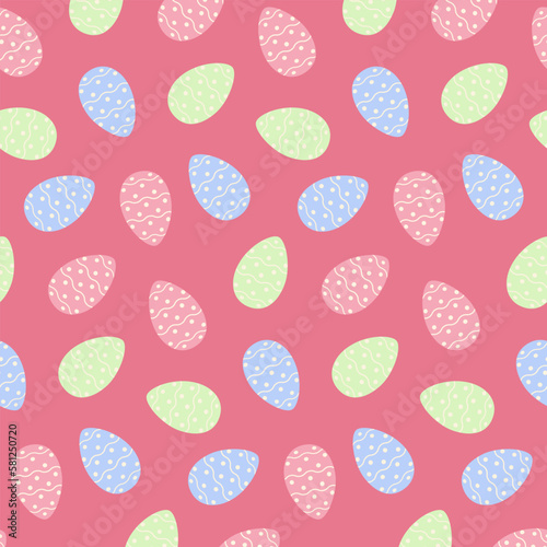 Easter seamless pattern with different colorful Easter eggs in trendy hues. Happy Easter. Springtime