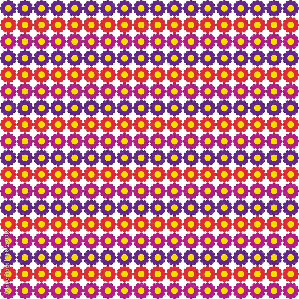 A pattern of colorful flowers on a white background.