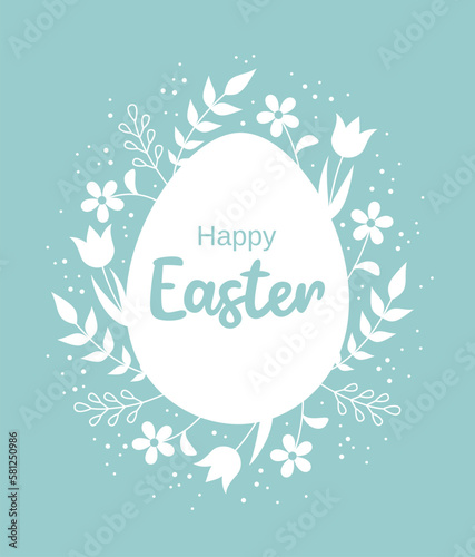 Easter greeting card. A white egg with typography inside and a frame of flowers and leaves around it on a pastel green background. Flat vector illustration