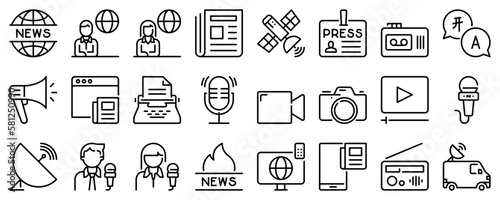 Line icons about journalism on transparent background with editable stroke.