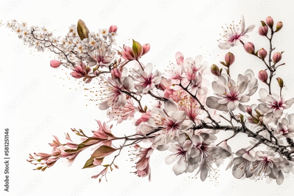 Kirschblüten auf weißem Hintergrund. AI Generated