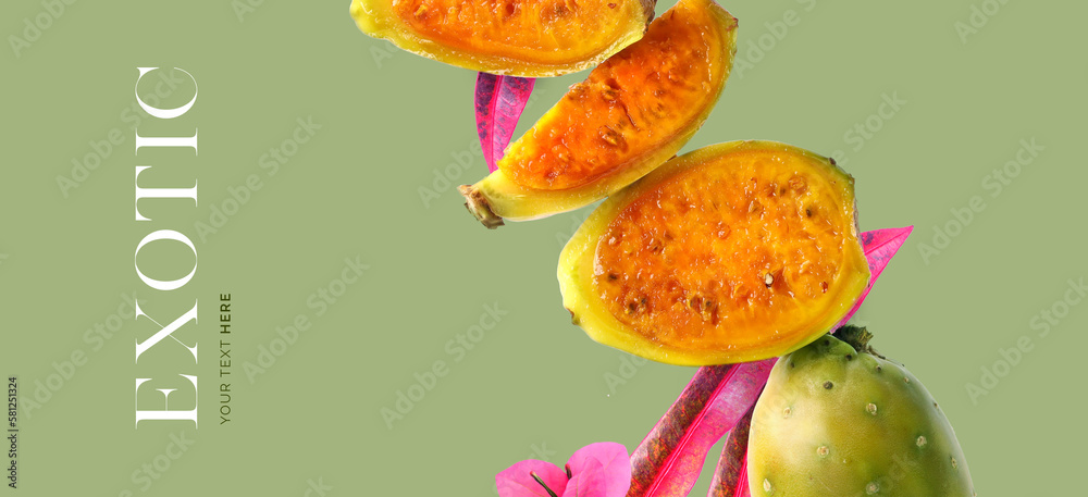 Creative concept of prickly pear on the green background. Exotic fruits