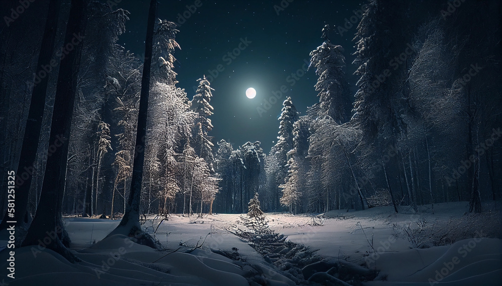 Snowy winter forest at night with full moon.generative ai