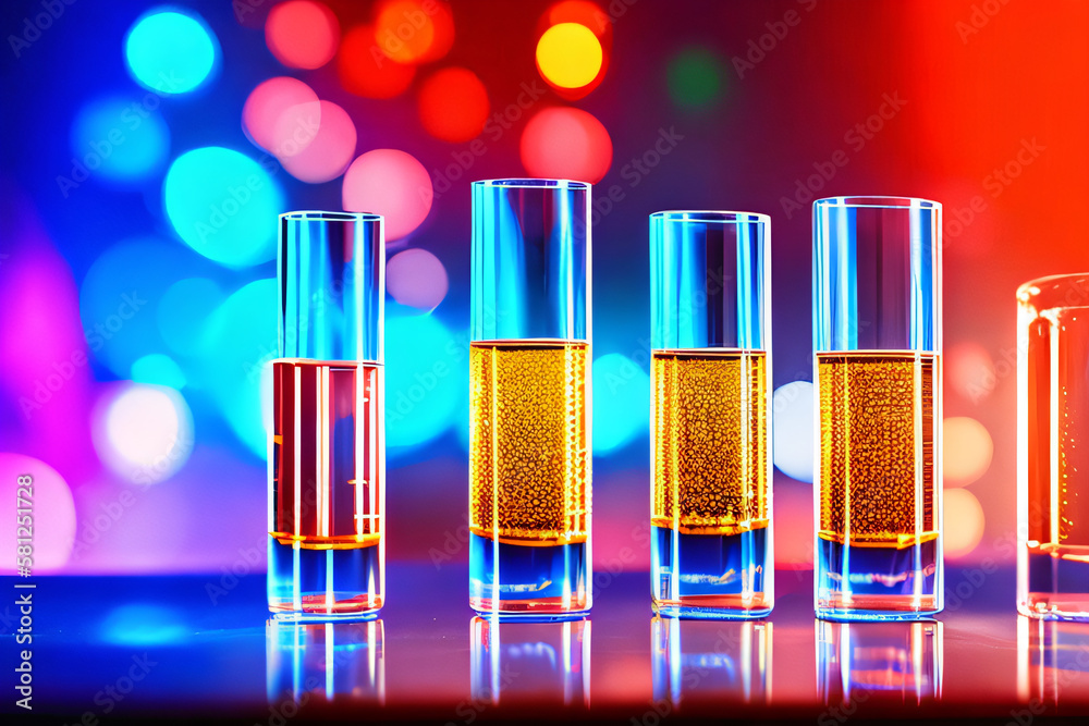 Brightly-colored liquids in test tubes in a science lab. Chemistry ...