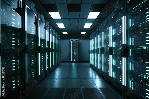 Modern Data center with computer servers. AI generated, human enhanced.