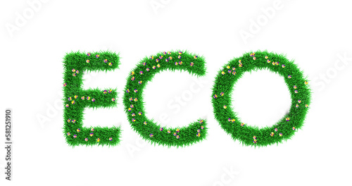 Eco friendly symbol of green grass and multicolored flowers isolated on a white background, the concept of caring for ecology and the environment, 3d rendering