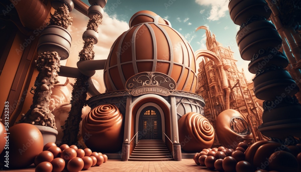 Chocolate factory facade in fantasy world, background with chocolate