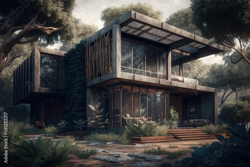 Modern house with apparent concrete, metal structure, wood and vegetation, Generative AI 