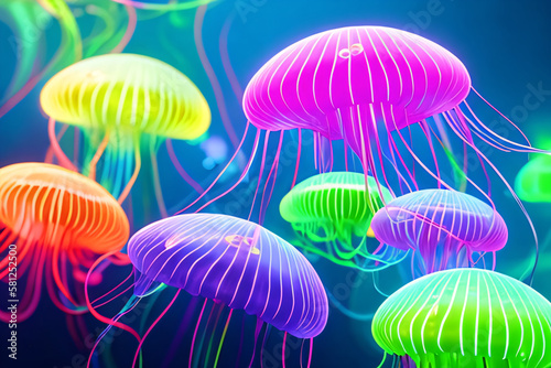 Sparklingly bright medusas undulate in the depths of the ocean. Mysterious, mesmerizing, marine life concept created with generative AI.