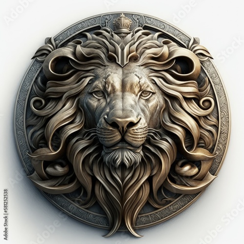 Lion emblem. Metallic circular amulet with lion face isolated on white background, Generative AI