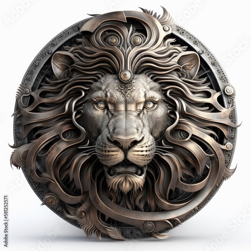 Lion emblem. Metallic circular amulet with lion face isolated on white background, Generative AI