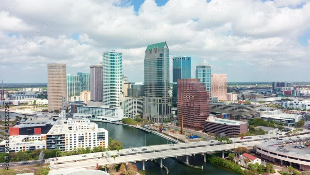 Aerial view of Tampa, Florida skyline and Selmon expressway. Tampa is a city on the Gulf Coast of the U.S. state of Florida.