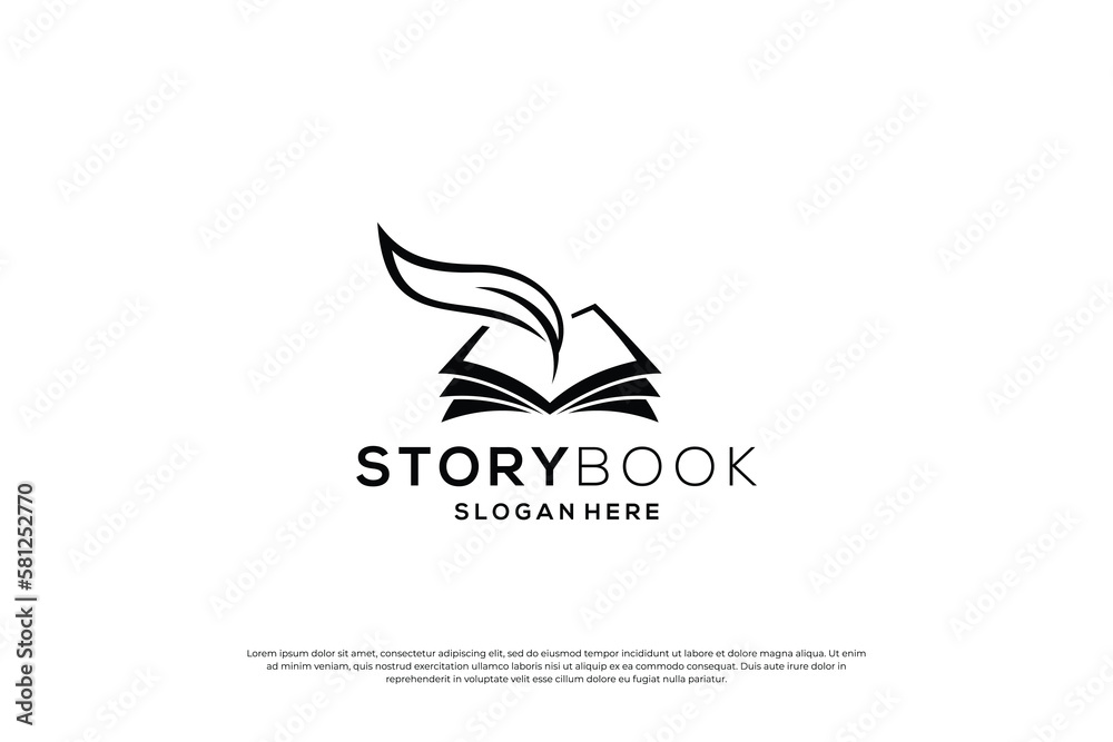 Fototapeta premium The writer logo design. Feather pen with book combination.