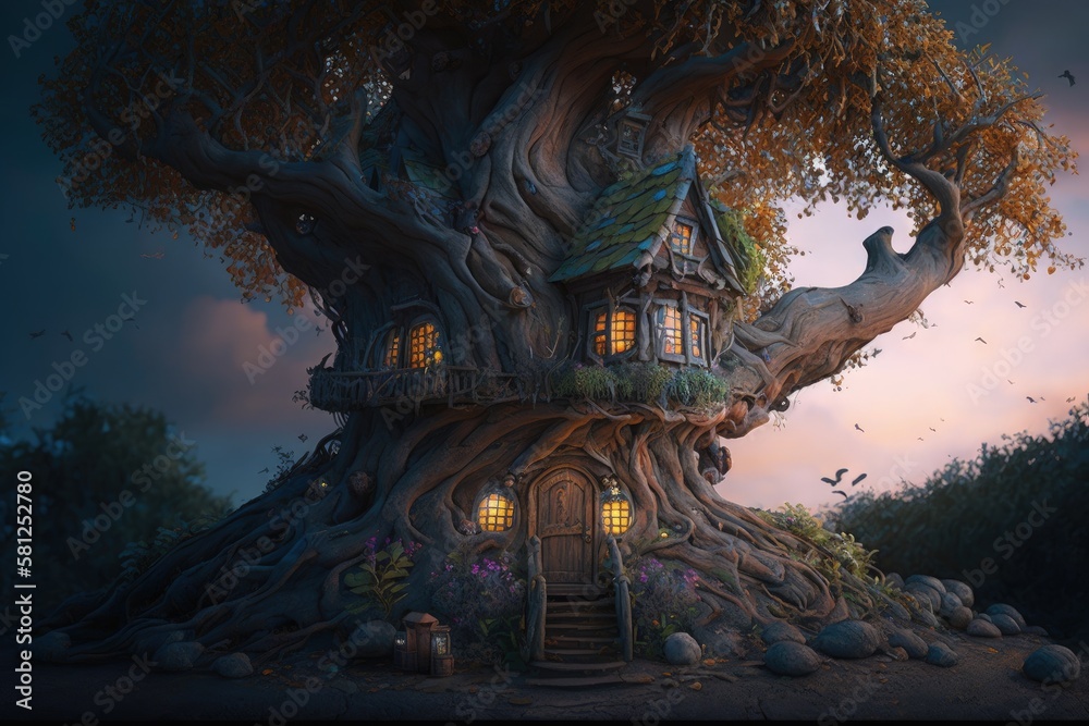 Tree house in fantasy world, Generative AI
