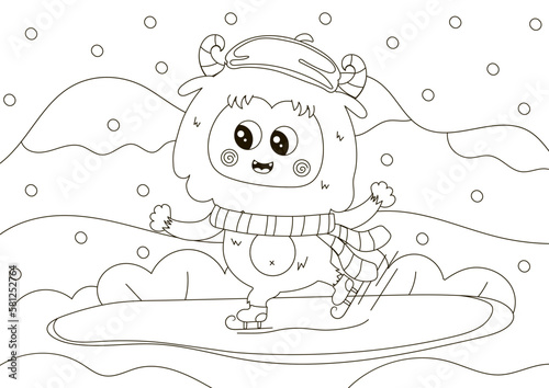 Funny coloring page with cute Yeti character ice skating, winter themed printable activity for kids,black and white doodle for children