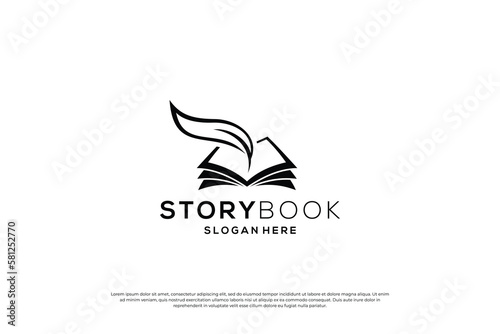 The writer logo design. Feather pen with book combination.