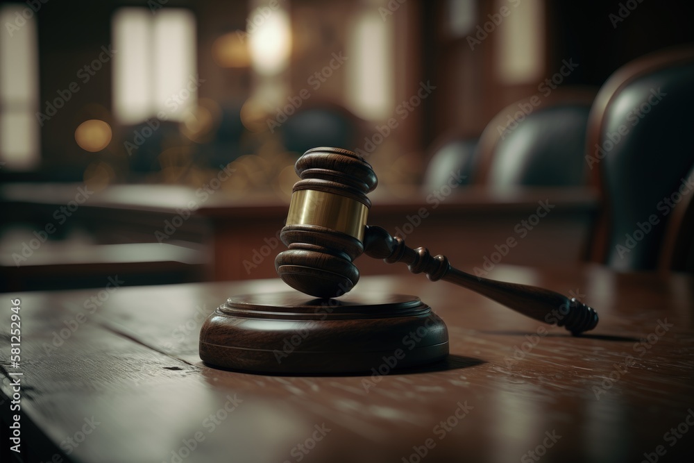 Judge's gavel seen close up on top of courtroom table with blurred background, Generative AI Judge's gavel seen close up on top of courtroom table with blurred background, Generative AI