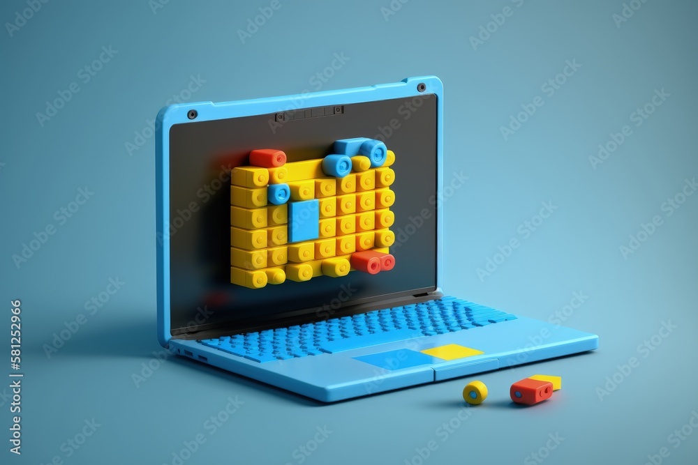 Puzzle toy laptop, puzzle laptop on blue background, Generative AI
