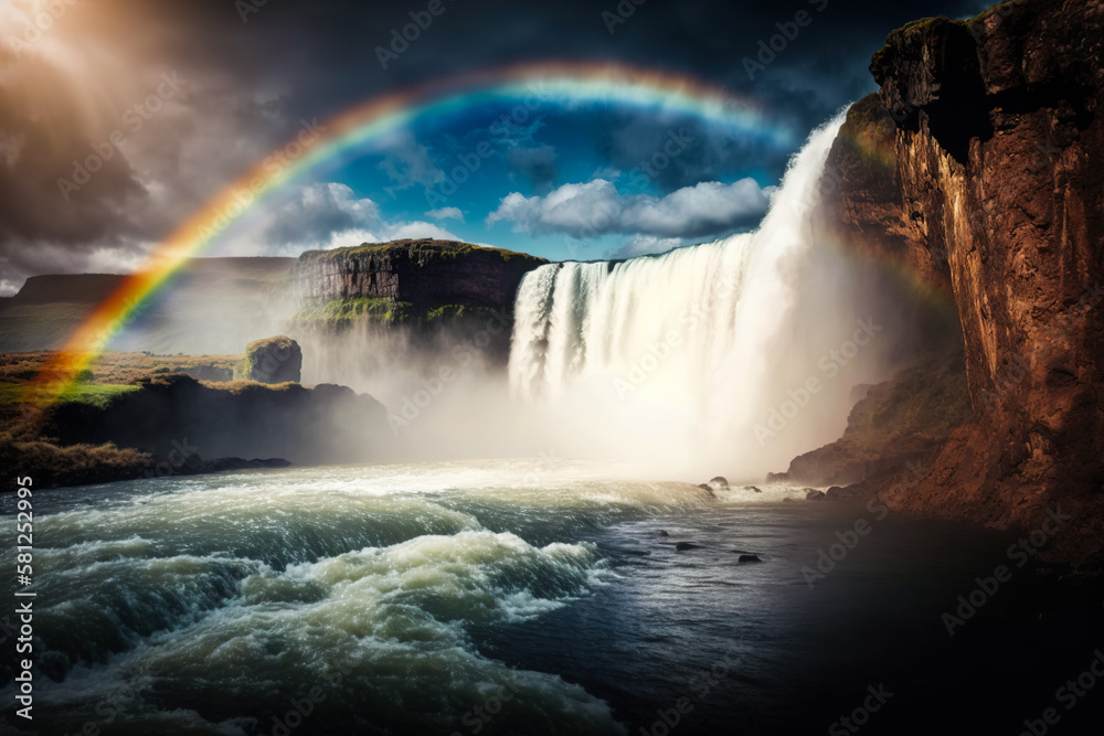 Fototapeta premium Waterfall with falling water from above and a colorful rainbow in the fog. Generative ai