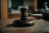 Judge's gavel seen close up on top of courtroom table with blurred background, Generative AI