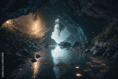 Cave with lake  stones and mysterious lights  background  Generative AI