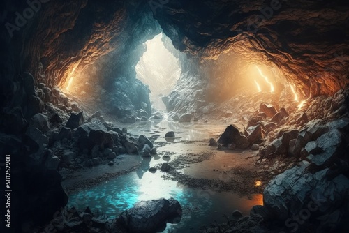 Cave with lake, stones and mysterious lights, background, Generative AI