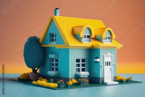 Toy house on orange background, Generative AI photo