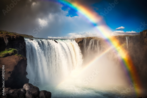 Waterfall with falling water from above and a colorful rainbow in the fog. Generative ai © Lukas Juszczak