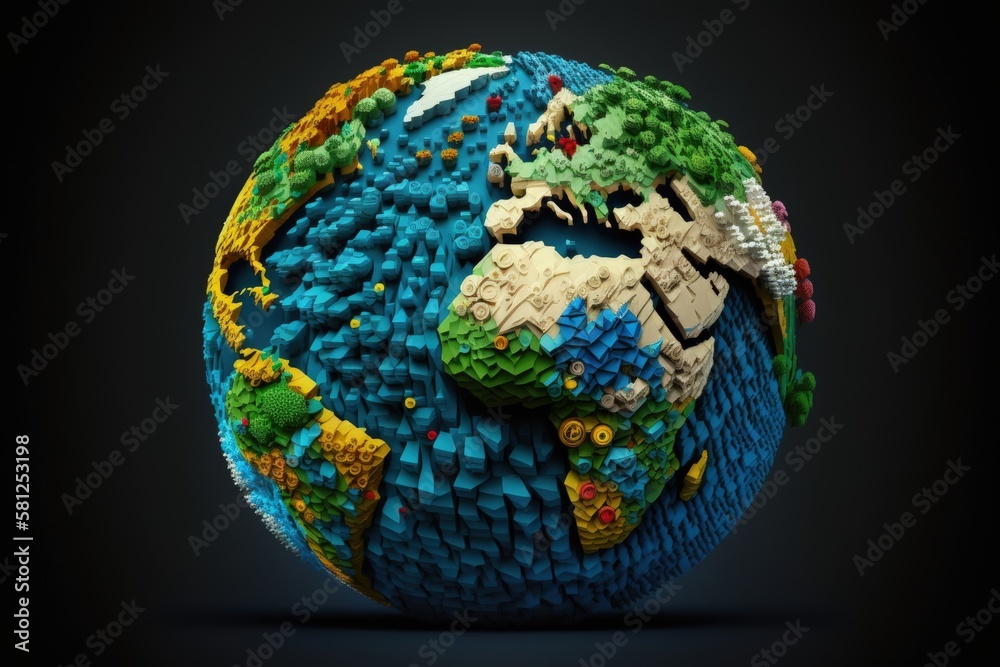 Fototapeta premium Toy planet earth, puzzle piece planet earth, isolated on dark background, Generative AI