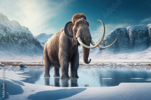 Mammoth on a frozen lake and mountains in the background  Generative AI