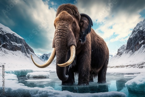 Mammoth on a frozen lake and mountains in the background  Generative AI
