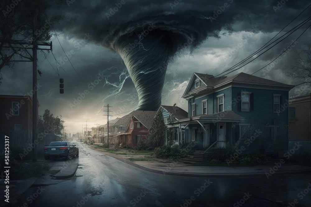 Tornado destroying city in the interior of the United States, City natural disaster background, Generative AI