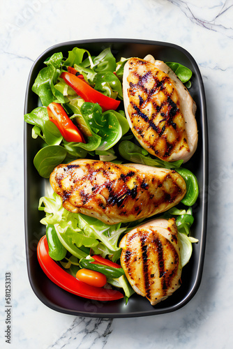 Delicious meal of grilled chicken breast and fresh vegetable salad. Savory flavors, health conscious, low-calorie concept created with generative AI.
