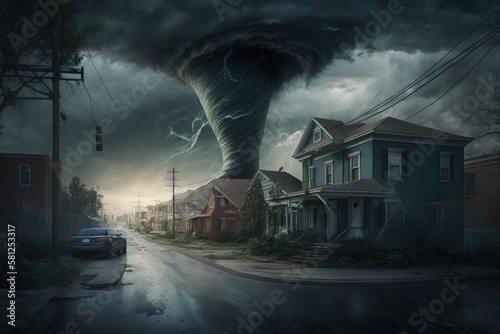 Tornado destroying city in the interior of the United States, City natural disaster background, Generative AI