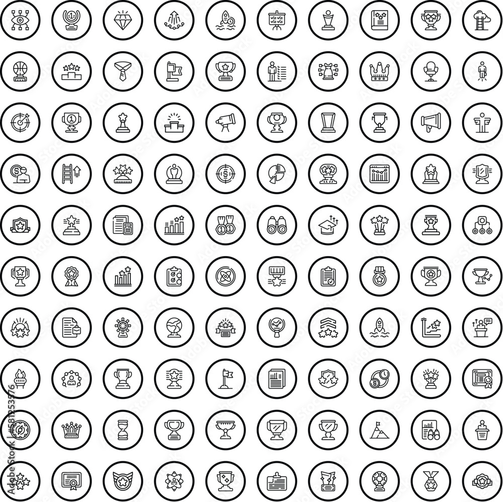 100 achievement icons set. Outline illustration of 100 achievement icons vector set isolated on white background