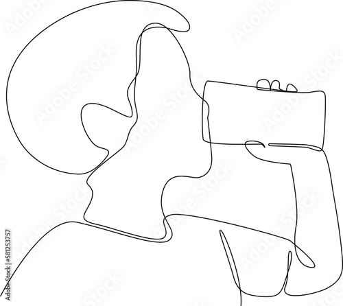 Continuous one line drawing happy boy drinking a glass of water. Concept of home health care activities. Single line draw design vector graphic illustration.