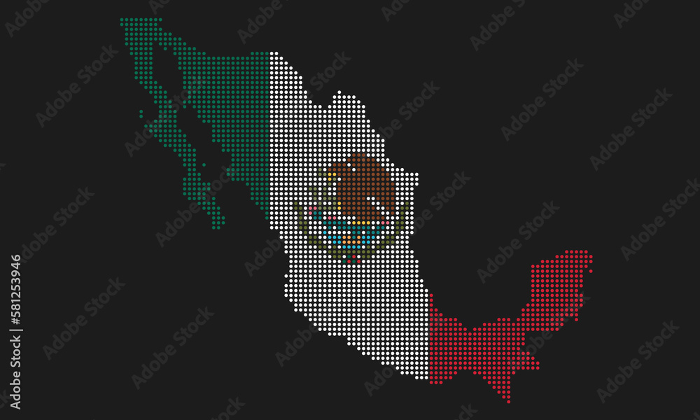Mexico dotted map flag with grunge texture in mosaic dot style. Abstract pixel vector illustration of a country map with halftone effect for infographic. 