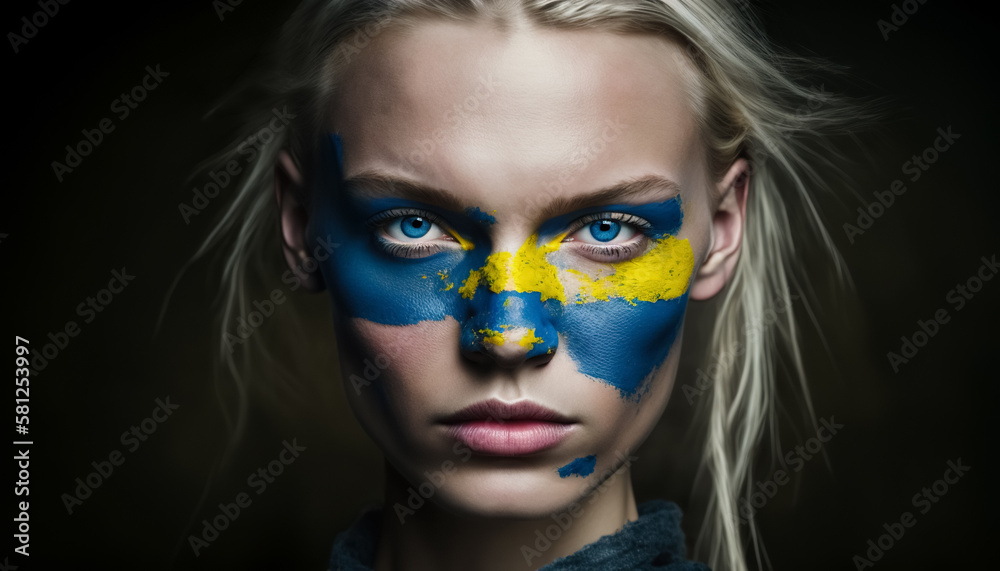 Ukraine. A beautiful young woman with paint in the colors of national flag of Ukraine. How AI sees the countries of the world if we imagine that they are people. digital ai art.