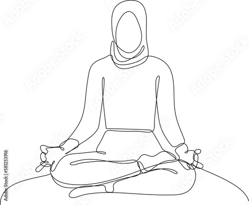 Continuous one line drawing Muslim woman doing exercise in home. Concept of home health care activities. Single line draw design vector graphic illustration.