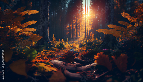 Morning in the autumn forest with sunbeams and lens flare.generative ai
