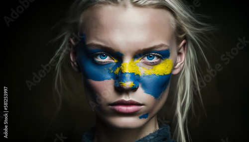 Ukraine. A beautiful young woman with paint in the colors of national flag of Ukraine. How AI sees the countries of the world if we imagine that they are people. digital ai art.
