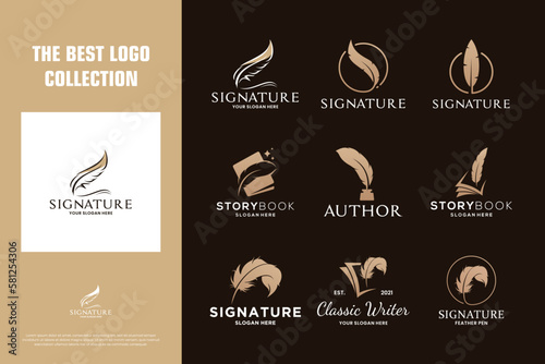 Collection of golden quill signature logo design.