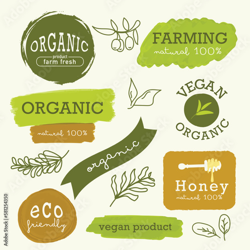 Organic label, natural label, organic banner with hand drawn stain brush watercolor painting. Sticker and badge organic logo vegan food mark.