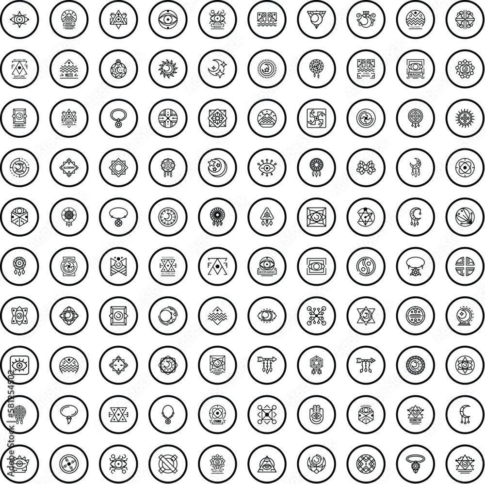 100 alchemy icons set. Outline illustration of 100 alchemy icons vector set isolated on white background